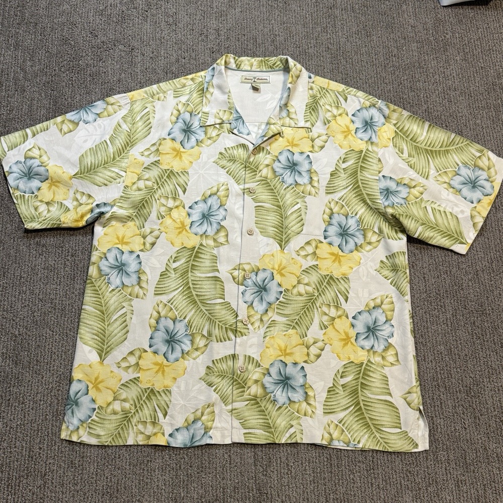 Tommy Bahama Mens XL Silk Button Up Shirt Short Sleeve Hawaiian Camp Hibiscus